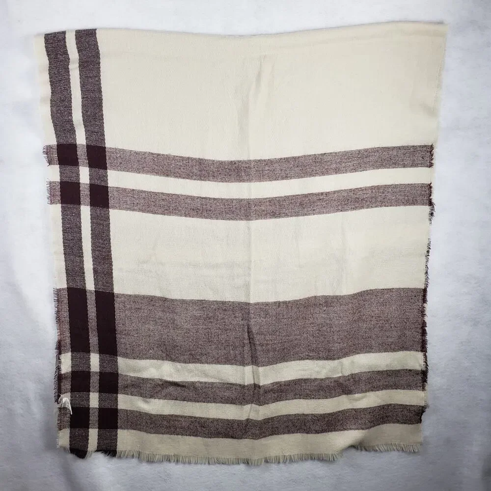 BP Women's One Size Fringe Plaid Blanket Scarf Beige Burgundy Fall Cozy Layering